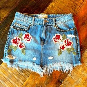 SOLD!! Free People Blue Denim Skirt with Red Floral Embroidery